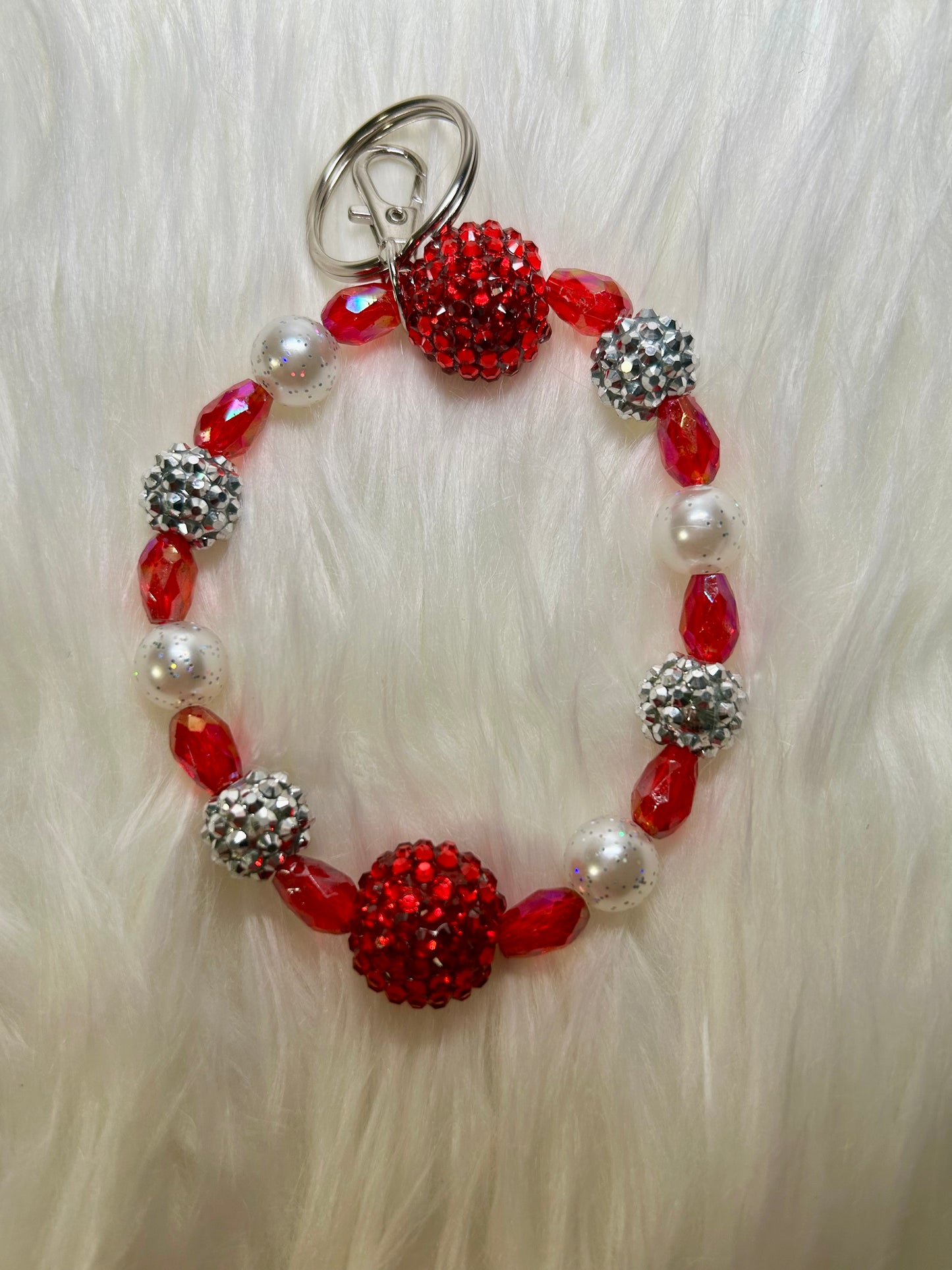 Red, silver, and pearl Wristlet Keychain