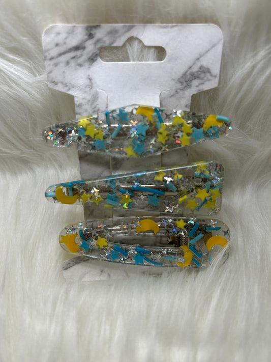 Blue and yellow barrettes