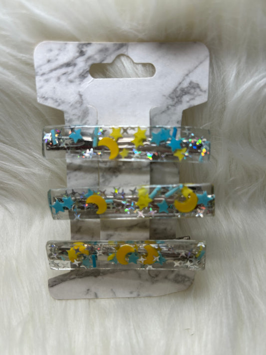 Blue and yellow barrettes