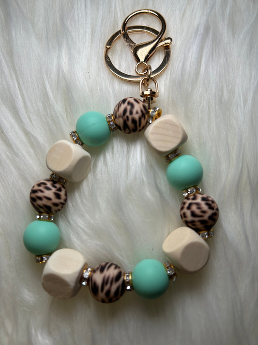 Mint green and brown leopard wristlet keychain