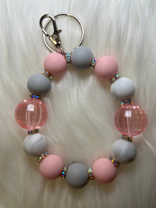 Pink and gray wristlet keychain